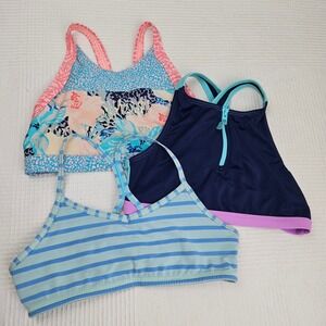 Ivivva & Athleta Girls Bralette 3pc Lot Sz 14 Swim Top Blue Peach Stripe Floral